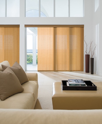 Panel track blinds in bright living room